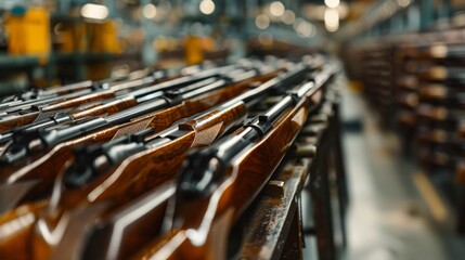 Close-up shot of rows of finished rifles lined up for inspection in the quality control department of the factory
