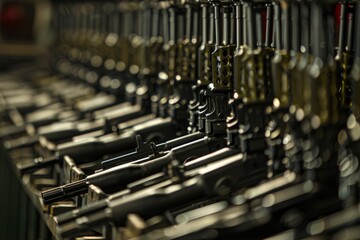 Close-up shot of rows of finished rifles lined up for inspection in the quality control department of the factory
