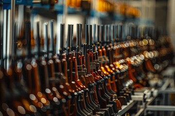 Fototapeta premium Close-up shot of rows of finished rifles lined up for inspection in the quality control department of the factory 