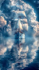 Beautiful  historical schooner sailing in the ocean - obrazy, fototapety, plakaty