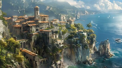 A village perched on a cliff overlooking the sea.