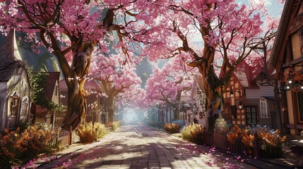 A village street lined with cherry blossom trees in bloom.