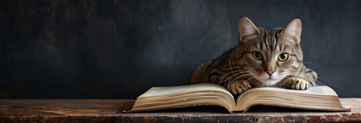 Tabby cat lying on an open book against grey background. Intellectual pet and cozy reading concept. Banner for World Book Day event with copy space. 