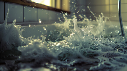 Water violently pours into a bathtub, creating frothy waves and splashes.
