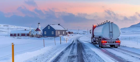 Fotobehang Scenic rural road at sunset with a passing large fuel tanker truck in the countryside landscape © Ilja