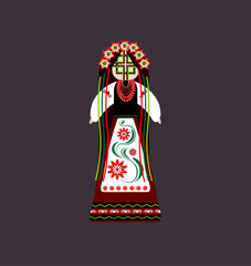 Motanka doll vector illustration for card, banner, and poster. Bright drawing with a traditional doll. Motanka Doll wearing an embroidered costume