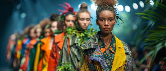 Fototapeta na wymiar Eco-conscious runway showcase features models in sustainable attire