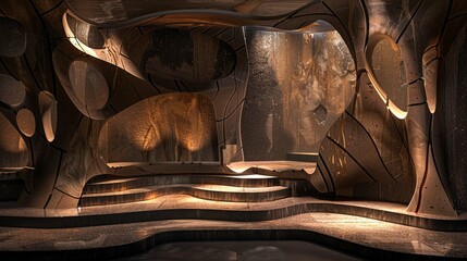 An abstract stage design inspired by nature, featuring organic shapes and textures.