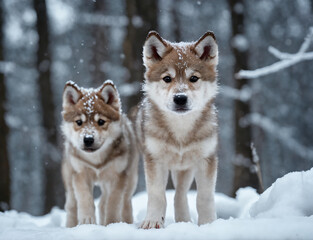 Young puppy Wolf in a snow covered forest. - 761733520