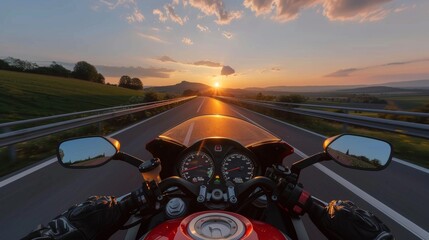 Motorcyclist s point of view  speeding on highway at sunset, thrilling motorcycle ride - obrazy, fototapety, plakaty