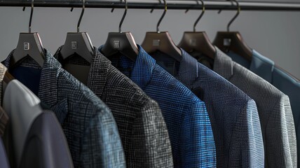 a rack adorned with stylish spring outfits for men, elegantly hung on hangers against a sophisticated grey background, capturing the essence of contemporary menswear.