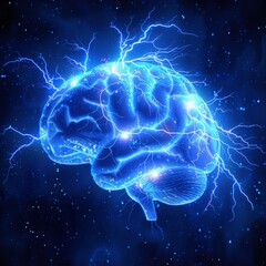 Digital illustration of a human brain with electrical activity in a cosmic background, conveying a concept of intelligence.