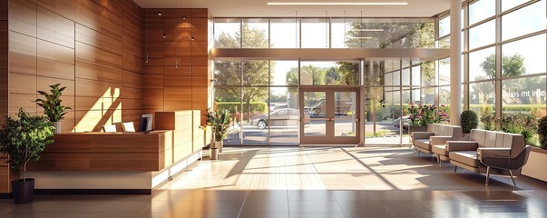 Modern clinic lobby with waiting room space with lots of natural light