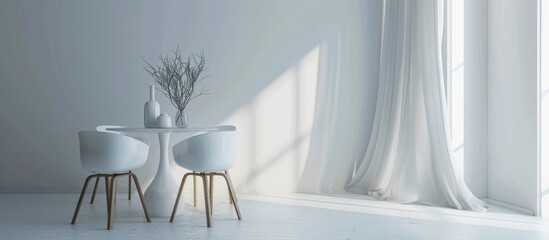 Modern Interior Design featuring a Table, Chairs, and Curtains on a White Background.