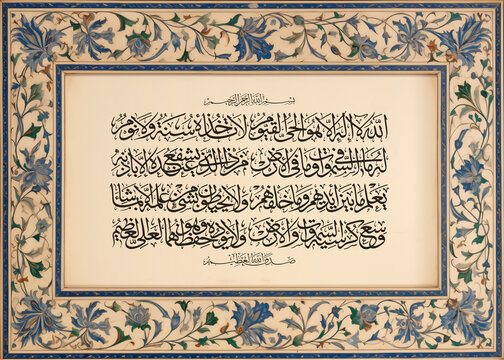 Arabic Calligraphy from verse 255 of chapter 2 &rdquo; Al-Baqarah - Ayat ul Kursi Ayatul Kursi" of the Quran. Says, "Allah - there is no deity except Him.......	
