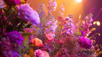 Close-up shots of intricate floral arrangements on the stage.