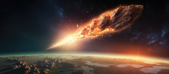 An artists depiction of an asteroid colliding with Earth, creating a dramatic scene in the sky with clouds, altering the natural landscape and horizon