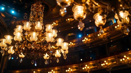 Close-ups of elegant chandeliers or lighting fixtures above the stage.