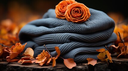A blue blanket with two orange roses placed on top of it