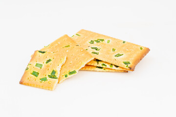 Chive biscuits on white background