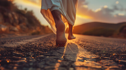 Close up of Jesus's feet walking on a road, symbolizing spiritual journey and faith. - obrazy, fototapety, plakaty