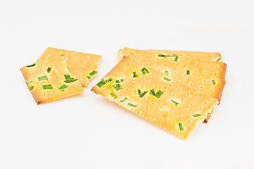 Chive biscuits on white background