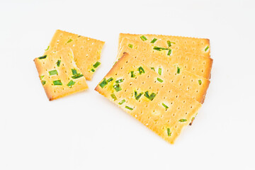 Chive biscuits on white background