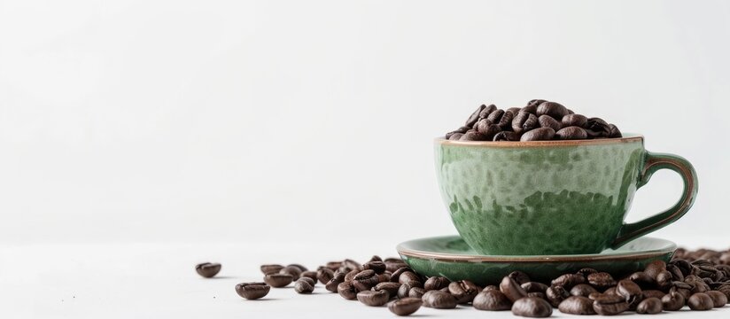 Green espresso cup with fresh roasted coffee beans on white backdrop
