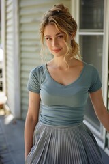 Fototapeta premium blonde woman with gray tshirt and skirt