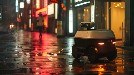 Photograph autonomous robots delivering packages or food in urban environments.