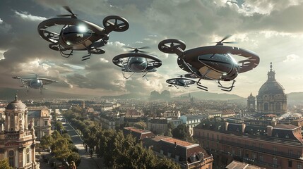 Photograph drones or flying taxis in urban airspace.