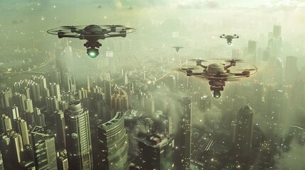 Photograph drones or flying taxis in urban airspace. - obrazy, fototapety, plakaty