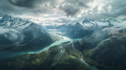 A birds eye view shows a mountain range with a river meandering through the peaks and valleys.