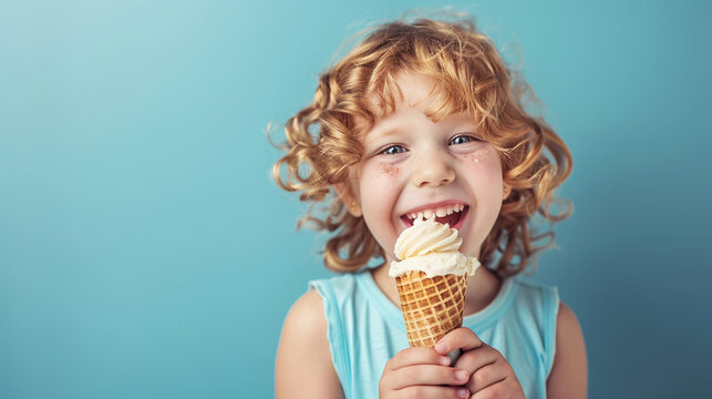 Cheerful kid eating ice cream in waffle cone isolated on blue
