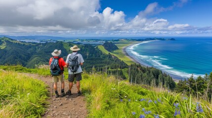 Active senior couple enjoying stunning pacific coast views during scenic coastal hike