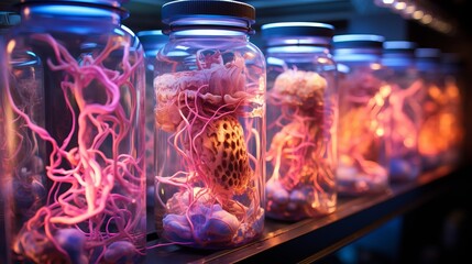 glass medical jars with multi-colored neurobiological anatomical organs and skeletal parts on a dark background. Concept: anatomy, medical research, scientific research, neurobiology