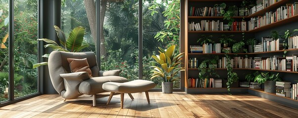 modern library with cozy armchair and book shelves with books arranged in room with potted plant - Powered by Adobe