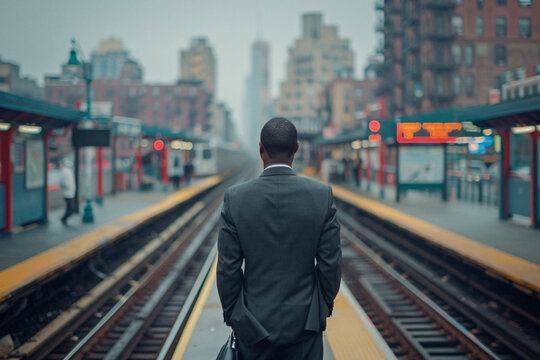 A businessman awaits a train amidst the foggy cityscape background, evoking a sense of anticipation and daily commute