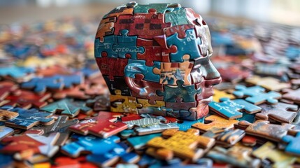 Obraz premium mental state of people due to being alone, anxious, scared, man's head made of a puzzle