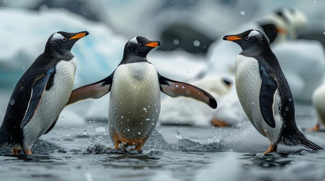 a scene from antarctica of penguins playing in water