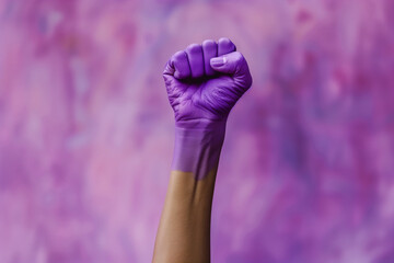 Raised fist with purple paint, representing the fight for women's rights