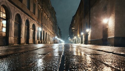  cinematic city street at night after rain