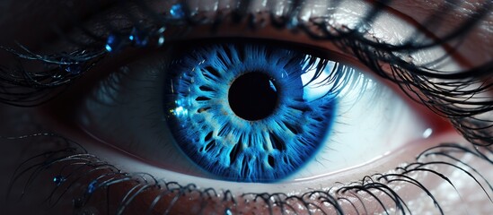Macro photography capturing the intricate pattern of long electric blue eyelashes surrounding the dark iris of a terrestrial animals eye, creating an artistic and fashionable accessory