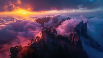 Sunset over mystic mountain cloudscape - A breathtaking landscape shot depicts a surreal sunset casting warm hues over a mystical mountain range engulfed by clouds