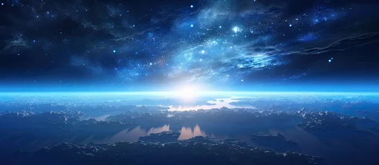 Zelfklevend Fotobehang A breathtaking view of Earth from space, with a galaxy in the background. The atmosphere creates a stunning display of clouds and water, blending into the natural landscape © 2rogan