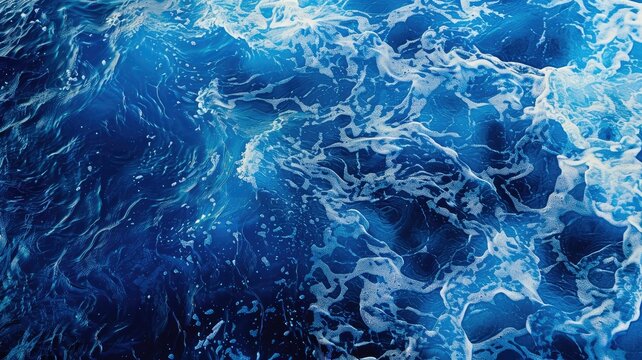 Deep blue sea foam pattern from above - This image showcases the intricate patterns of sea foam on the water's surface, viewed from above in varying shades of deep blue