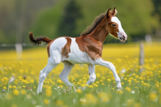 Foal galloping in a field of spring flowers - An adorable foal runs joyfully through a field of yellow flowers on a sunny spring day