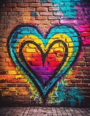 Colorful graffiti heart on the brick wall as a love symbol 