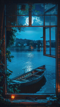 Quiet evening with a lakeside view and a canoe - A tranquil lakeside scene as night falls, featuring a warmly lit window overlooking a canoe gently bobbing on the water