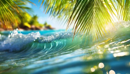 Blurred water wave under palm leaves, depicting fresh sunny summer